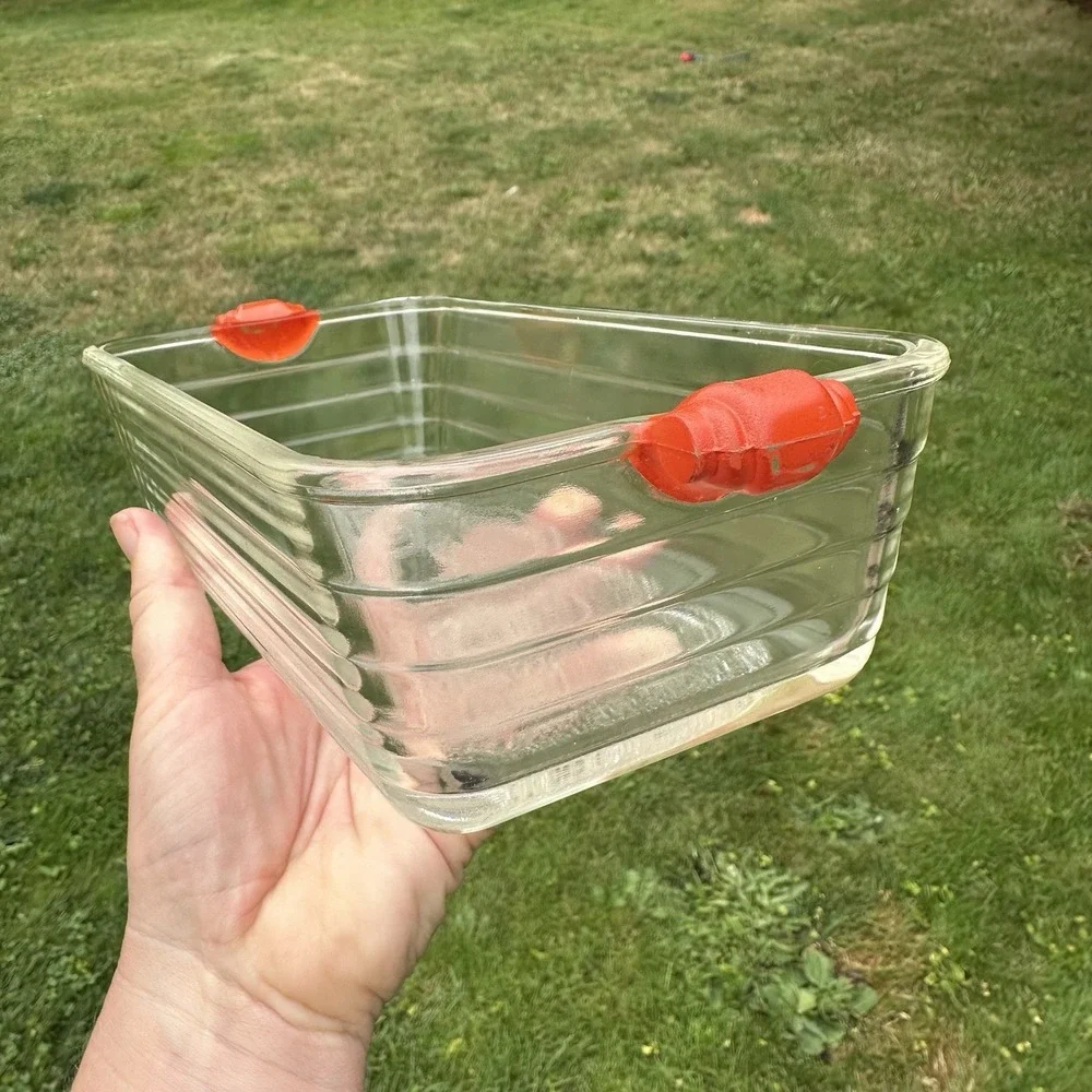 Vintage GLASBAKE #59 Clear Glass Loaf Pan Baking Dish Ornate Orange Handles USA